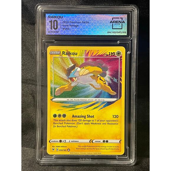 2020 Pokémon Raikou #50 Vivid Voltage SWSH ArenaClub Graded GEM MINT 10 - Picture 1 of 4